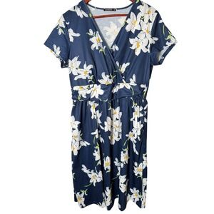 OUGES Women Navy Blue White Lily Floral Wrap V-Neck Empire Waist Pocket Dress XL